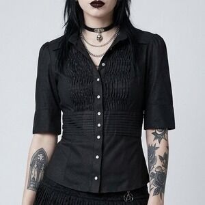 Vintage Bebe Alt Whimsigoth Top XS Black Silver Pinstripe Pleated Goth Punk